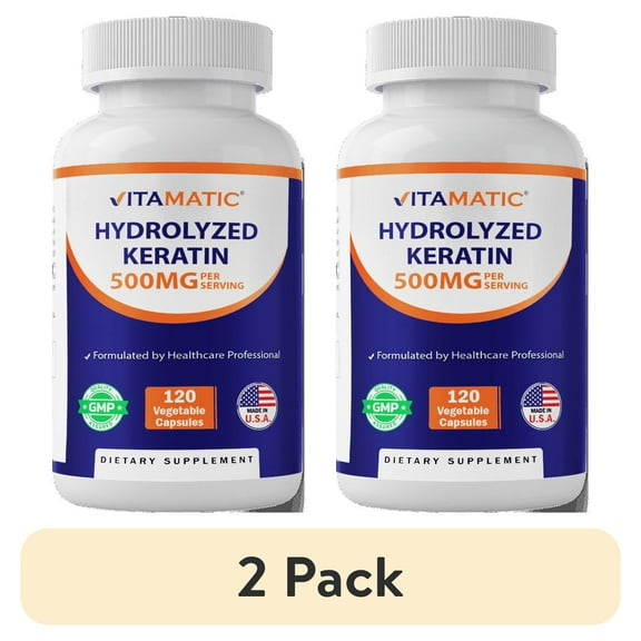 (2 pack) Vitamatic Hydrolyzed Keratin 500mg per Serving - 120 Vegetarian Capsules - Keratin Supplements for Healthy Hair Skin & Nails for Adults