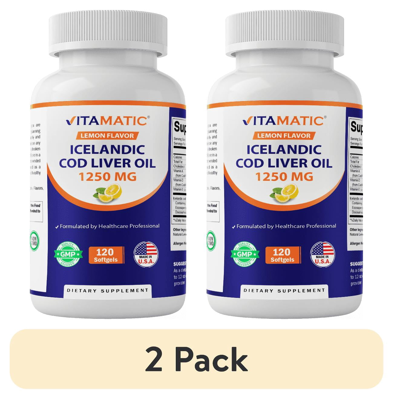 (2 pack) Vitamatic Icelandic Cod Liver Oil 1250mg 120 Softgels (Lemon Flavor) - Promotes Cardiovascular Health