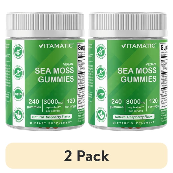 (2 pack) Vitamatic Irish Sea Moss Gummies - 3000 mg - 240 Vegan Gummies - Made with Bladderwrack & Burdock Root - Seamoss Supplement - Gluten Free & Non-GMO