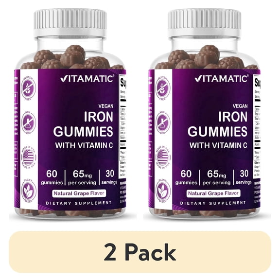 (2 pack) Vitamatic Iron 65 mg Gummies Supplement for Women & Men - 60 Vegan Gummies - Great Tasting Iron Gummy Vitamins with Vitamin C (1)