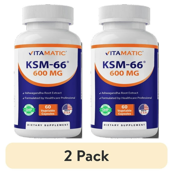 (2 pack) Vitamatic KSM-66 Ashwagandha Root Extract + Bioperine - 600mg, 60 Veggie Caps (1200 mg per 2 Capsules)