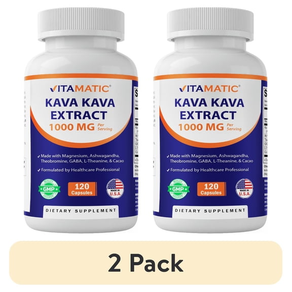 (2 pack) Vitamatic Kava Kava Extract 1000mg Made with Magnesium, Ashwagandha, GABA, Theobromine, L-Theanine & Cacao 120 Veg Capsules Non-GMO & Gluten Free