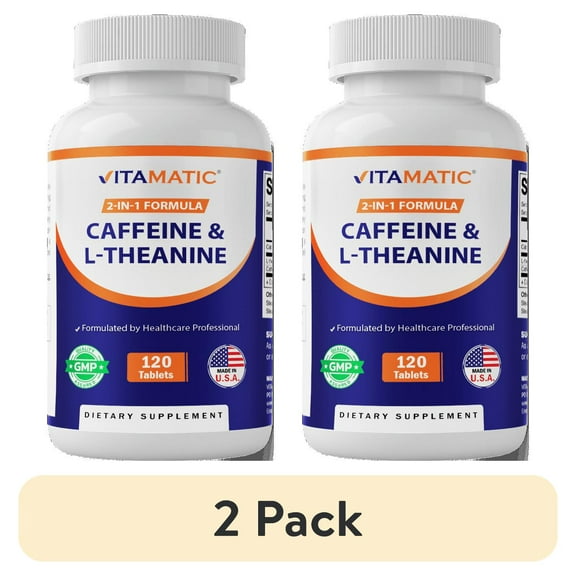 (2 pack) Vitamatic L-Theanine 200mg with Caffeine 100mg 120 Vegetarian Tablets - Nootropic Supplement