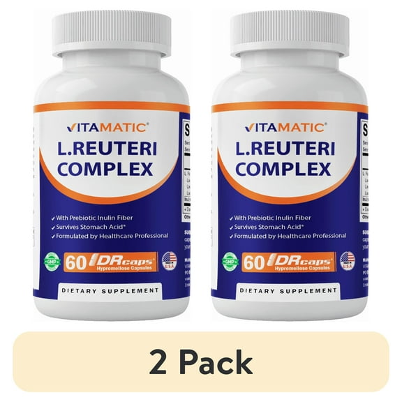 (2 pack) Vitamatic Lactobacillus Reuteri Complex - 22 Billion per DR Capsule - 60 Count - Digestive Support - Made with Prebiotic Inulin Fiber