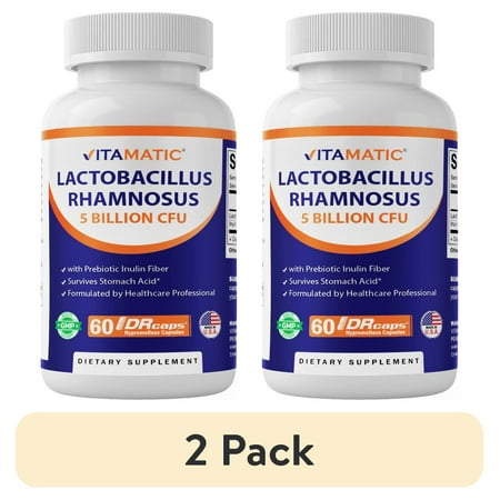 (2 pack) Vitamatic Lactobacillus Rhamnosus 5 Billion per DR Capsule (10 Billion Per 2 Capsules) - 60 Count - Advanced Digestive & Immune Support - Made with Prebiotic Inulin Fiber