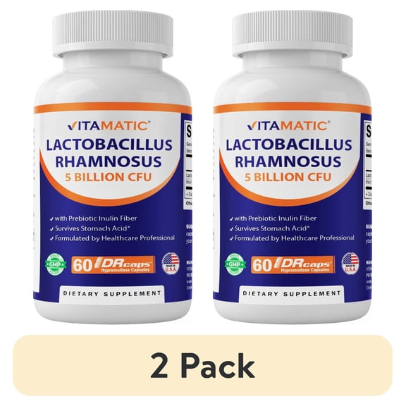 (2 pack) Vitamatic Lactobacillus Rhamnosus 5 Billion per DR Capsule (10 Billion Per 2 Capsules) - 60 Count - Advanced Digestive & Immune Support - Made with Prebiotic Inulin Fiber