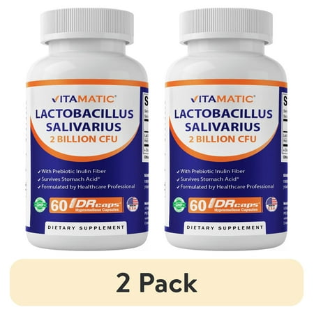 (2 pack) Vitamatic Lactobacillus Salivarius 2 Billion per DR Capsule - 60 Count - Digestive Support - Made with Prebiotic Inulin Fiber
