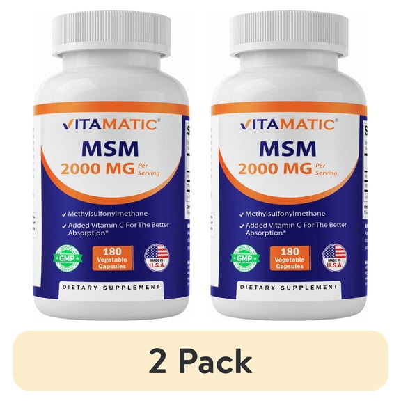(2 pack) Vitamatic MSM 2000 mg with Vitamin C 75mg per Serving - 180 Veg Capsules - Vitamin C Aid in Better absopriton of MSM (Methylsulfonylmethane) - Non-GMO & Gluten Free