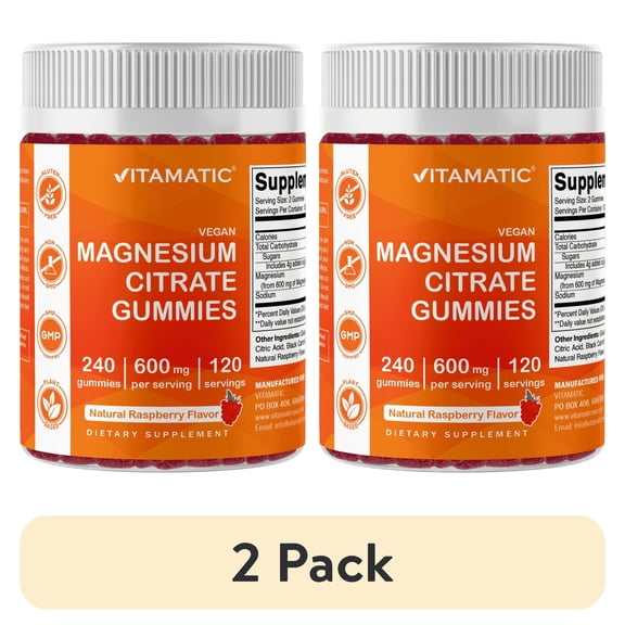 (2 pack) Vitamatic Magnesium Citrate Gummies 600mg per Serving - 240 Vegan Gummies - Natural Raspberry Flavor - High Absorption Magnesium Supplement - Supports Nerve, Bone and Muscle Health