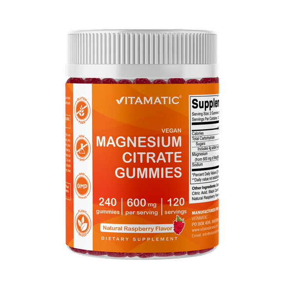 (2 pack) Vitamatic Magnesium Citrate Gummies 600mg per Serving - 240 Vegan Gummies - Natural Raspberry Flavor - High Absorption Magnesium Supplement - Supports Nerve, Bone and Muscle Health