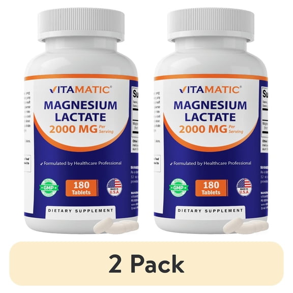(2 pack) Vitamatic Magnesium Lactate 2000mg per Serving – 180 Tablets – Supports Muscle, Heart, Bone & Nervous System Health* – Non-GMO, Gluten Free, No Artificial Additives
