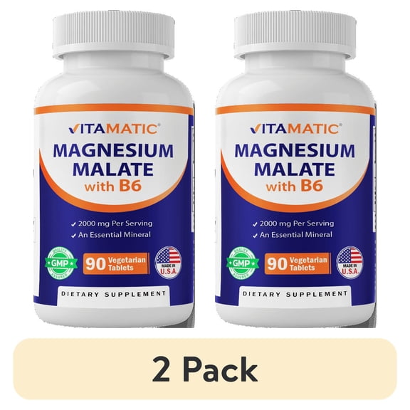(2 pack) Vitamatic Magnesium Malate 2000mg per Serving - 90 Vegetarian Tablets - Added B6 for Maximum Absorption - Supports Muscle, Joint, and Heart Health*