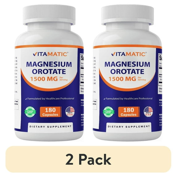 (2 pack) Vitamatic Magnesium Orotate Supplement – 1500mg per Serving, 180 Capsules – Supports Muscle, Nerve and Heart Health - Non-GMO, Gluten Free