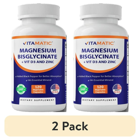 (2 pack) Vitamatic Magnesium (from Bisglycinate & Oxide) with Vitamin D3 & Zinc - 120 Veg Capsules - Supports Muscle, Joint, Nerve & Heart Health – Non-GMO, Gluten-Free