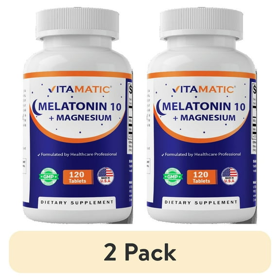 (2 pack) Vitamatic Melatonin 10 mg with Magnesium 200 mg 120 Tablets - High Potency Sleep Support Supplement, Non-GMO, Sugar-Free, No Artificial Colors or Preservatives
