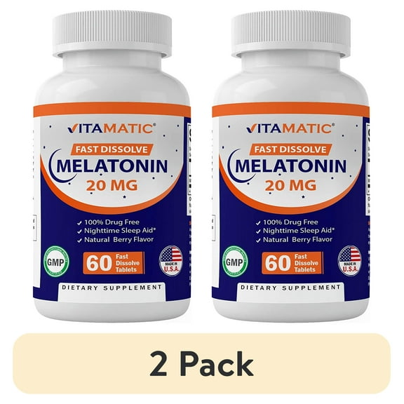 (2 pack) Vitamatic Melatonin 20mg Tablets | Vegetarian, Non-GMO, Gluten Free | 60 Fast Dissolve Tablets | Natural Berry Flavor |