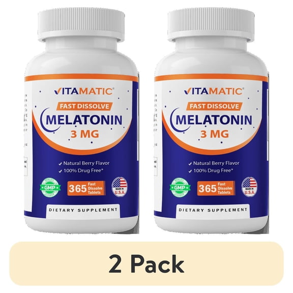 (2 pack) Vitamatic Melatonin 3mg Tablets | Vegetarian, Non-GMO, Gluten Free | 1 Year Supply | Natural Berry Flavor - 365 Tablets