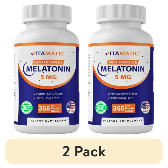 (2 pack) Vitamatic Melatonin 5mg Tablets | Vegetarian, Non-GMO, Gluten Free | 1 Year Supply | Natural Berry Flavor - 365 Tablets