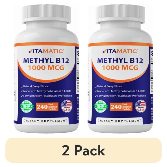 (2 pack) Vitamatic Methyl B12 Natural Berry Flavor 240 Fast Dissolve Tablets Methylcobalamin B12 & Folic Acid for Energy & Nervous System Support (1000 mcg)