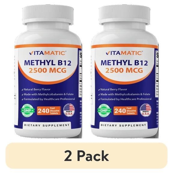 (2 pack) Vitamatic Methyl B12 Natural Berry Flavor 240 Fast Dissolve Tablets Methylcobalamin B12 & Folic Acid for Energy & Nervous System Support (2500 mcg)