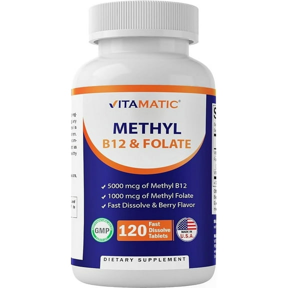 (2 pack) Vitamatic Methyl Folate & B12 Supplement with Pyridoxal 5 Phosphate (P-5-P) - Promotes Cardiovascular Health & Energy Metabolism - 120 Fast Dissolve Tablets - Non GMO & Gluten Free