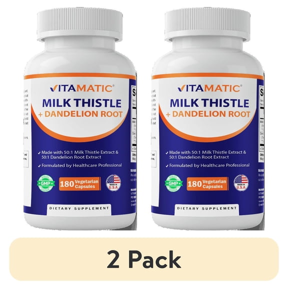 (2 pack) Vitamatic Milk Thistle 50:1 Extract 500mg (25000mg Equivalent), Dandelion Root 50:1 Extract 100mg (5000mg Equivalent), 180 Vegetarian Capsules, Non-GMO, Gluten Free