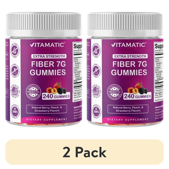 (2 pack) Vitamatic Prebiotic Fiber Gummies for Adults, 7G Extra Strength, Zero Sugar Added, 240 Pectin Based Gummies, Digestive Health & Regularity Support