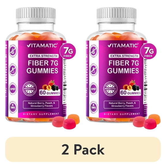 (2 pack) Vitamatic Prebiotic Fiber Gummies for Adults - 7G Fiber Extra Strength - Zero Sugar Added - 60 Pectin Based Gummies - Digestive Health & Regularity Support