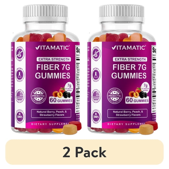 (2 pack) Vitamatic Prebiotic Fiber Gummies for Adults - 7G Fiber Extra Strength - Zero Sugar Added - 60 Pectin Based Gummies - Digestive Health & Regularity Support