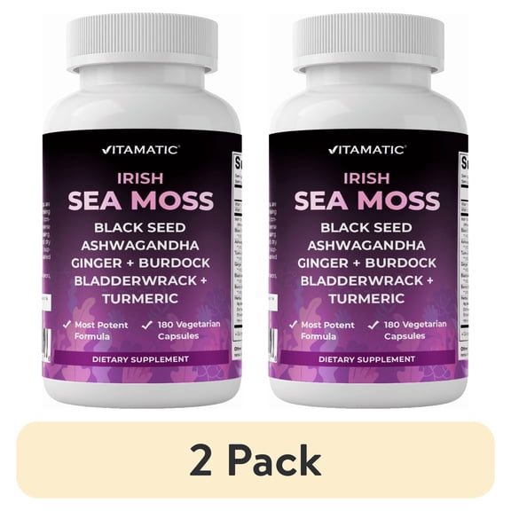 (2 pack) Vitamatic Sea Moss 3000mg Black Seed Oil 2000mg Ashwagandha 1000mg Turmeric 1000mg Bladderwrack 1000mg Burdock 1000mg 180 Veg Capsules