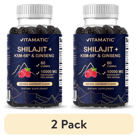 (2 pack) Vitamatic Shilajit with KSM-66® Ashwagandha & Ginseng 10,000 mg Equivalent Per Serving – Natural Raspberry Flavor – 60 Vegan Gummies - Made in USA
