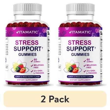 (2 pack) Vitamatic Stress Relief Gummies with GABA, L-Theanine, Lemon Balm – Lemon & Mixed Berry Flavor – 60 Gummies – Vegan, Non-GMO, Gluten-Free