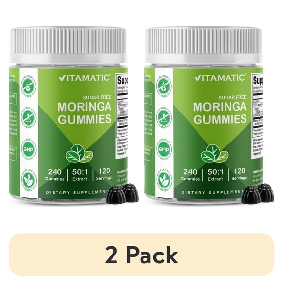 (2 pack) Vitamatic Moringa Gummies – Sugar-Free 50:1 Plant-Based Extract – Green Superfood – Pectin-Based, Vegan, Non-GMO – 240 Gummies