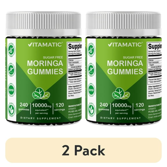 (2 pack) Vitamatic Sugar Free Moringa Gummies - 10000 mg Equivalent per Serving - Complete Green Superfood - 240 Pectin Based Gummies
