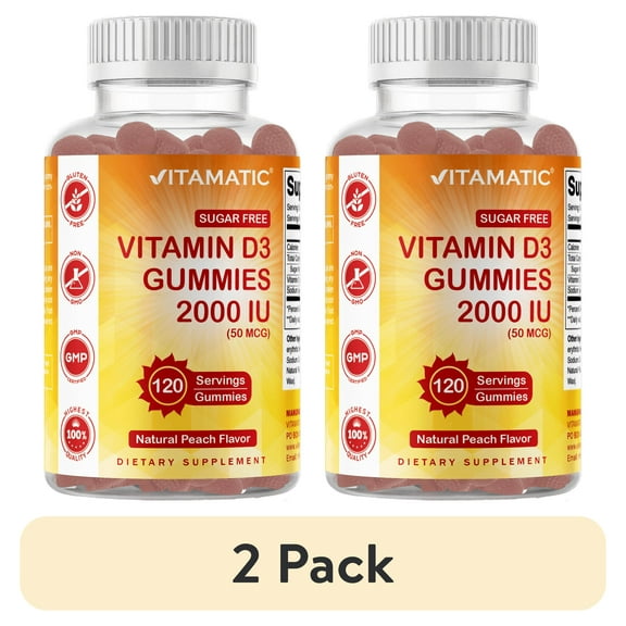(2 pack) Vitamatic Sugar Free Vitamin D3 2000 IU - 120 Pectin Based Gummies - Great Taste - Healthy Bones, Mood & Immune System Function - Non-GMO - 120 Servings
