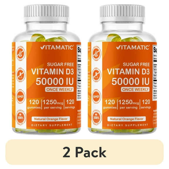 (2 pack) Vitamatic Sugar Free Vitamin D3 50,000 IU Weekly Supplement - 120 Pectin Based Gummies - Vitamin D Capsules for Bones, Teeth, and Immune Support