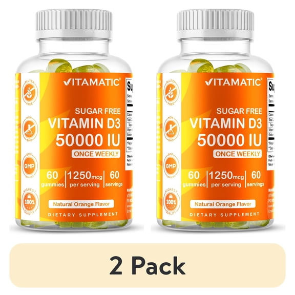 (2 pack) Vitamatic Sugar Free Vitamin D3 50,000 IU Weekly Supplement - 60 Pectin Based Gummies