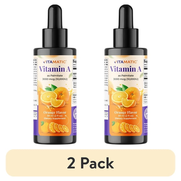 (2 pack) Vitamatic Sugar Free Vitamin A Liquid Drops 10000 IU (3000 mcg) as Retinyl Palmitate - Approximate 4 Months Supply - Immune Support, Eye Health, Skin Health - 2 FL OZ (59 ml)