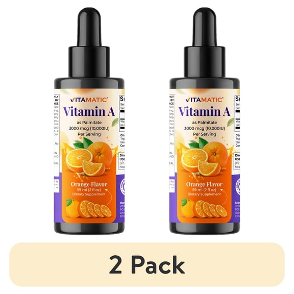 (2 pack) Vitamatic Sugar Free Vitamin A Liquid Drops 10000 IU (3000 mcg) as Retinyl Palmitate - Approximate 4 Months Supply - Immune Support, Eye Health, Skin Health - 2 FL OZ (59 ml)