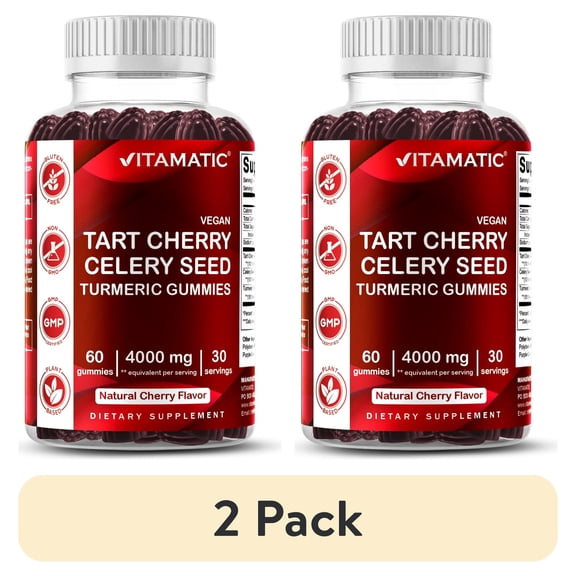 (2 pack) VVitamatic Tart Cherry (360 mg) with Celery Seed (30 mg) 10:1 Extract & Turmeric 20:1 Extract (10 mg) - (Per Serving/2 Gummies) - 60 Gummies