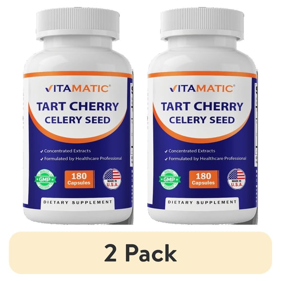 (2 pack) Vitamatic Tart Cherry with Celery Seed Concentrated Extracts - 18,000mg Equivalent Per Serving - 180 Veg Capsules