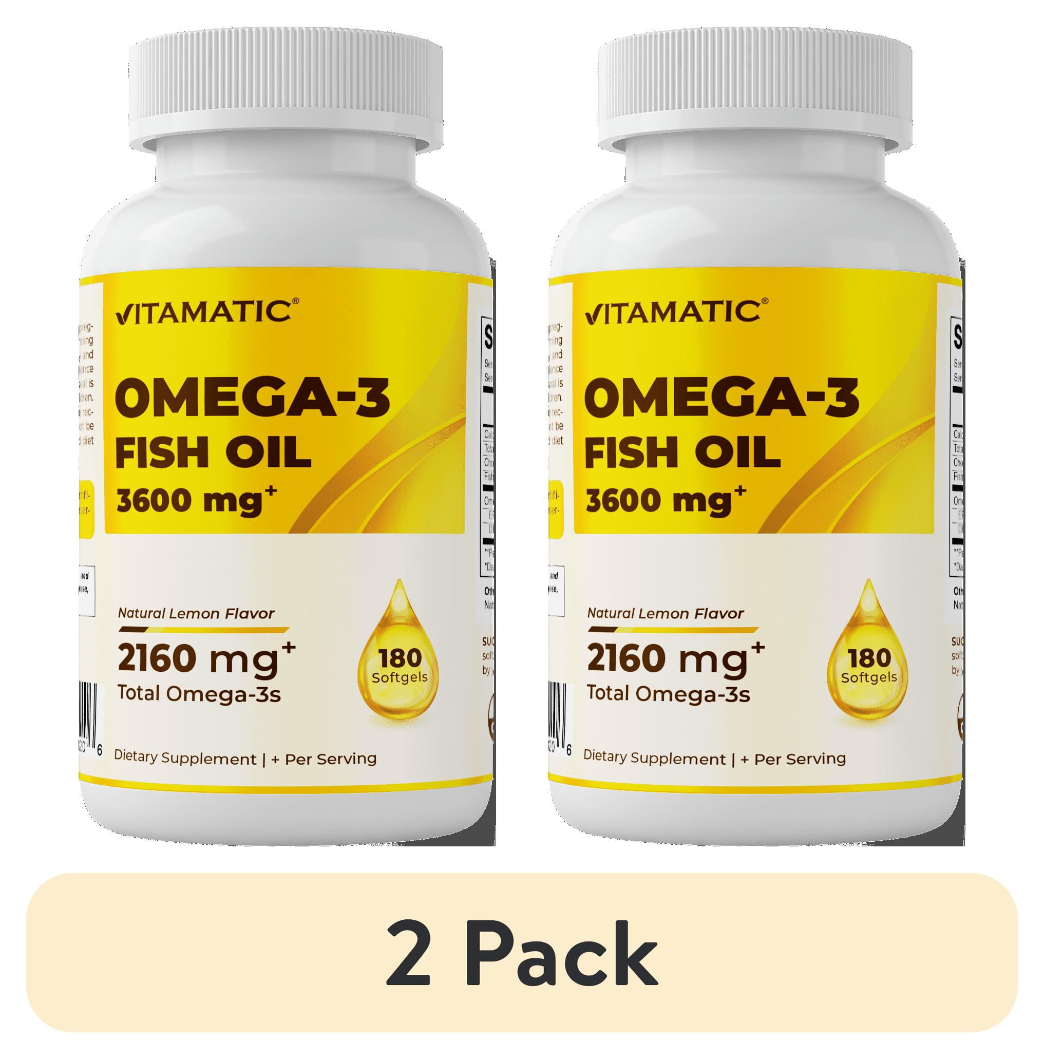 (2 pack) Vitamatic Triple Strength Omega 3 Fish Oil 3600mg Per Serving, 2160mg Omega 3 Fatty Acids, 1296mg EPA + 864mg DHA, Burpless Lemon Flavor, 180 Soft gels