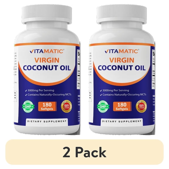 (2 pack) Vitamatic Virgin Coconut Oil Softgels, 3000 mg Per Serving, 60 Servings, 180 Count, Non-GMO, Gluten Free