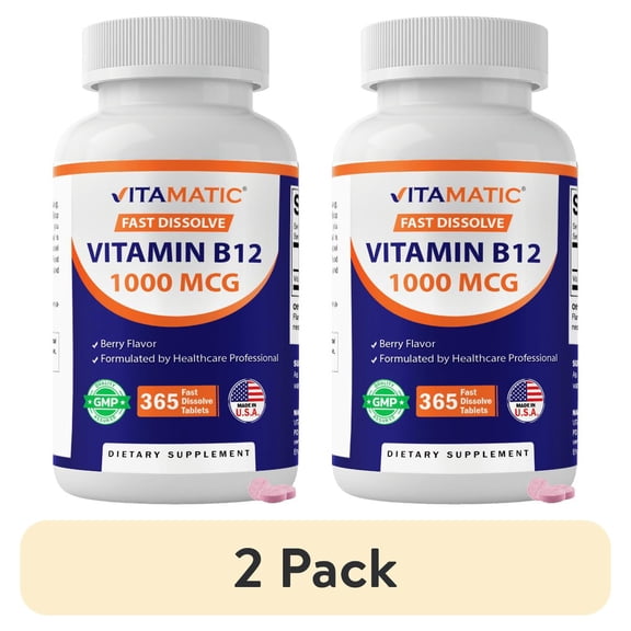 (2 pack) Vitamatic Vitamin B12 1000 mcg Fast Dissolve 365 Tablets - Berry Flavor - Supports Energy Metabolism