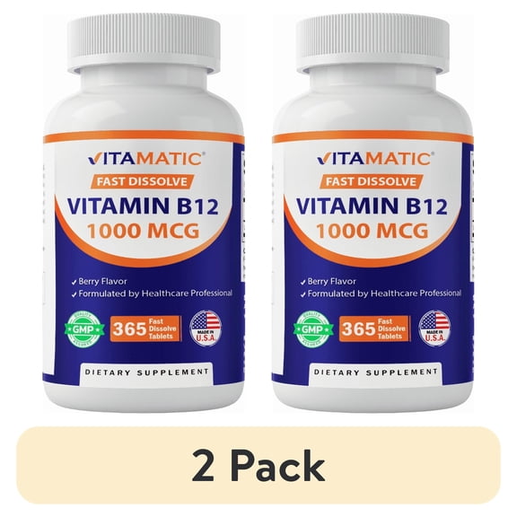 (2 pack) Vitamatic Vitamin B12 1000 mcg Fast Dissolve 365 Tablets - Berry Flavor - Supports Energy Metabolism