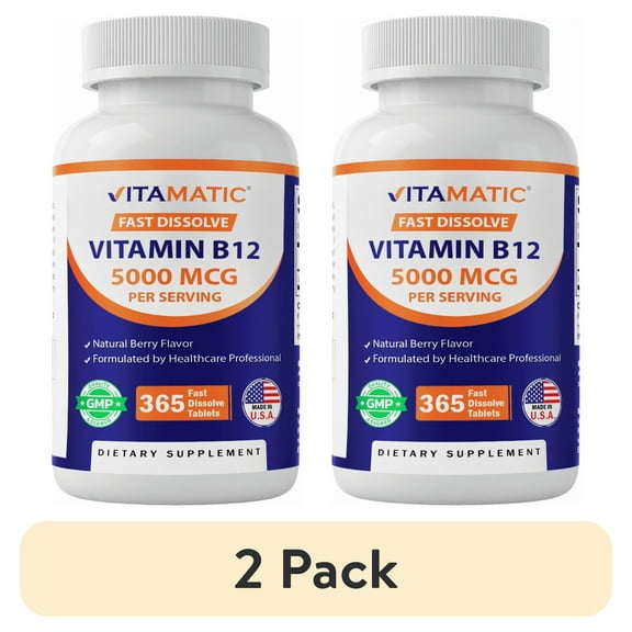 (2 pack) Vitamatic Vitamin B12 5000 mcg per Serving Fast Dissolve 365 Tablets - Berry Flavor - Supports Energy Metabolism