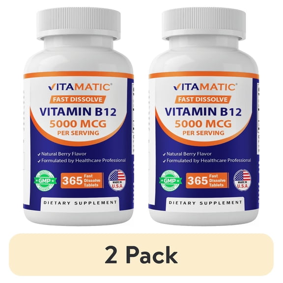 (2 pack) Vitamatic Vitamin B12 5000 mcg per Serving Fast Dissolve 365 Tablets - Berry Flavor - Supports Energy Metabolism