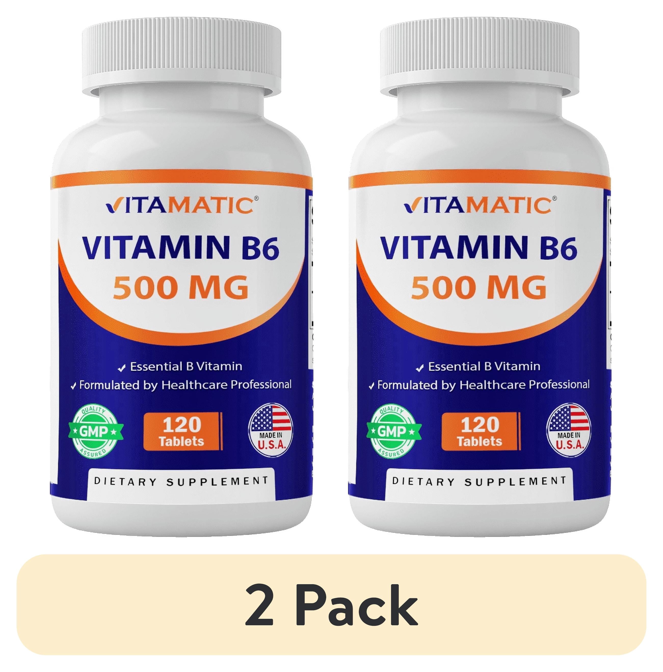 (2 pack) Vitamatic Vitamin B6 (Pyridoxine HCI), 500 mg 120 Vegetarian Tablets - Promotes Energy Production, boosts Metabolism and Immune Health Support