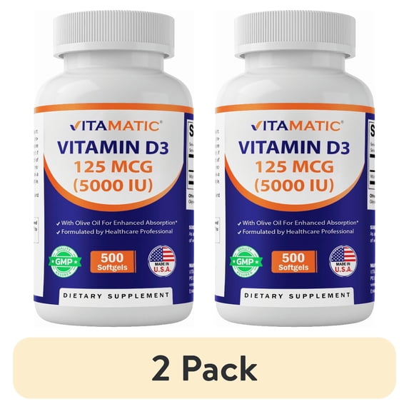 (2 pack) Vitamatic Vitamin D3 5000 IU (125 mcg) - 500 Softgels (Olive Oil Based) - 500 Days Supply - for Healthy Muscle Function, and Immune Support, Non-GMO, Gluten Free in Cold-Pressed Mini Softgels