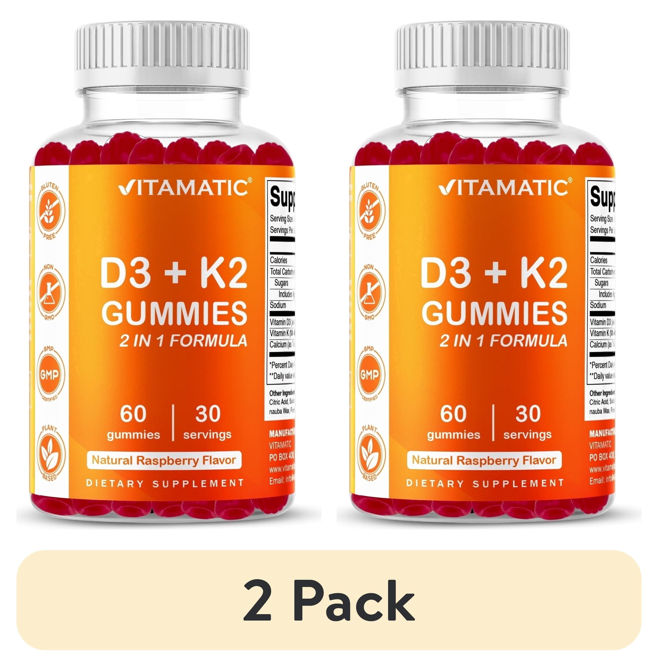 (2 pack) Vitamatic Vitamin D3 K2 Gummies - 60 Count - Supports Healthy Bone, Heart & Calcium Absorption, & Immune Health - Plant Based, Non-GMO, Gluten Free